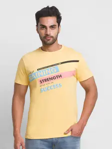 Globus Men Yellow Typography Printed Applique T-shirt