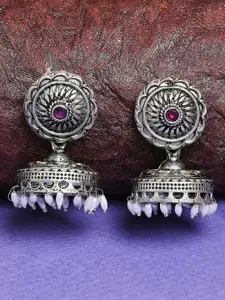 OOMPH Maroon Silver-Plated Dome Shaped Jhumkas Earrings
