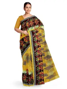 Florence Yellow & Brown Floral Pure Georgette Fusion Dharmavaram Saree