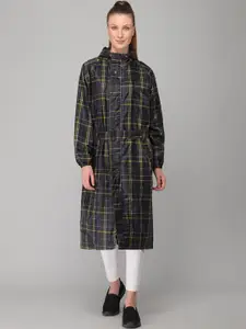 THE CLOWNFISH Women Black Checked Waterproof Long Rain Jacket