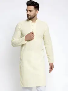 Jompers Men Yellow Geometric Thread Work Kurta