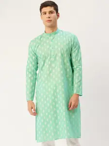 Jompers Men Green Ethnic Motifs Mandarin Collar Kurta