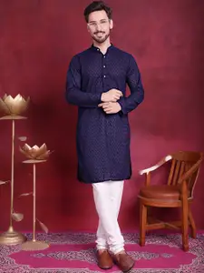 Jompers Men Navy Blue Geometric Embroidered Thread Work   100% Cotton Straight Kurta