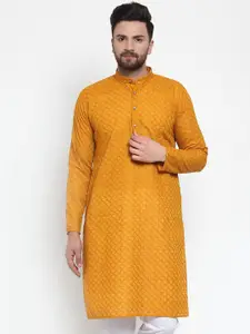 Jompers Men Mustard Yellow Thread Work Cotton Kurta