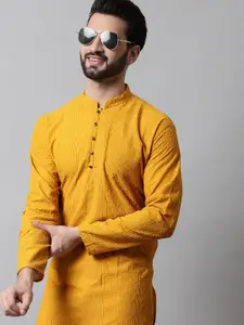 Jompers Men Mustard Yellow Geometric Embroidered Thread Work Kurta