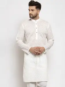 Jompers Men Cream-Coloured Chikankari Embroidered Kurta
