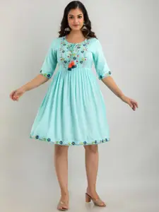 Sangria Women Sea Green & Navy Blue Floral Embroidered Ethnic Dress