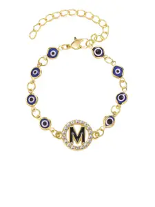 FemNmas Women Gold-Toned & Black Gold-Plated  Letter M Evil Eye Charm Bracelet
