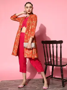 Sangria Women Orange & Pink Solid Co-Ords With Printed Ethnic Jacket