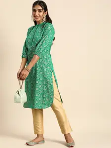 Sangria Women Green & Gold-Toned Floral Printed A-Line Kurta