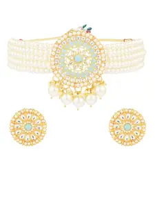 Efulgenz Gold-plated White-Faux Pearl Beaded Choker Necklace Set