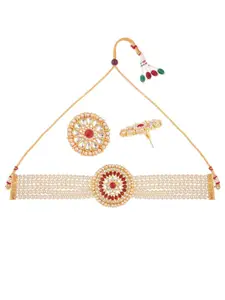 Efulgenz White & Red Multi Layered Beaded Kundan Choker Necklace Set