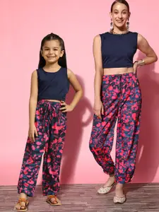 Sangria Women Charming Navy Blue Solid Top with Printed Trousers