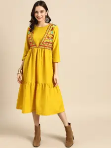 Sangria Women Mustard Yellow Solid A-Line Ethnic Dress with Attached Jacket
