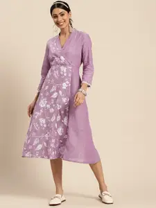 Sangria Lavender & White Floral Print Shawl Collar Lace Inserts Wrap Midi Dress