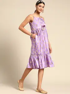 Sangria Lavender & Gold-Toned Ethnic Motifs A-Line Dress