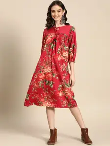 Sangria Women Red Floral Print Puff Sleeves Midi A-Line Dress