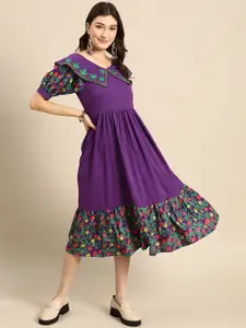 Sangria Women Purple & Green Printed A-Line Ethnic Dress