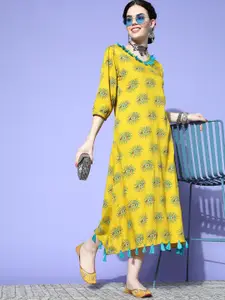Sangria Mustard Yellow & Blue Ethnic Motifs Ethnic Straight Midi Dress