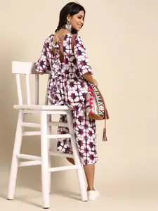 Sangria Women White and Purple Pure Cotton Printed A-line Dress