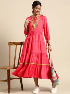 Sangria Women Coral Pink Solid Tiered A-Line Ethnic Dress