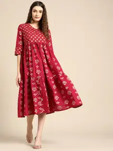 Sangria Red & Gold-Toned Pure Cotton Floral Ethnic A-line Tiered Midi Dress