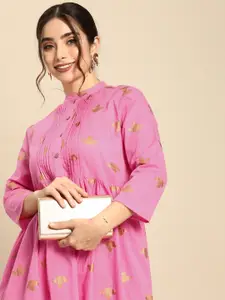 Sangria Women Pink & Golden Pure Cotton Floral Print A-Line Ethnic Dress