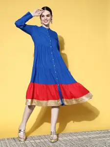 Sangria Women Blue & Red Colourblocked Tiered A-line Midi Dress