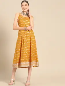 Sangria Women Mustard Yellow & Silver Ethnic Motifs Print Midi Dress