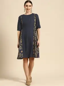 Sangria Navy Blue & Gold-Toned Floral Ethnic A-Line Dress