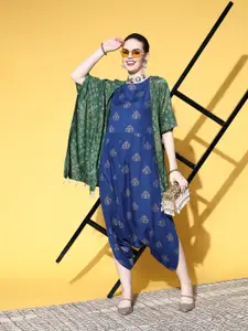 Sangria Teal Blue & Green Printed Cowl Jumpsuit with Shrug