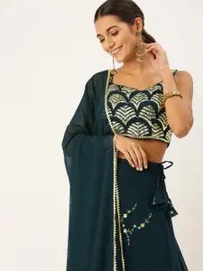 DIVASTRI Navy Blue Embroidered Semi-Stitched Lehenga & Unstitched Blouse With Dupatta