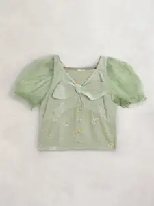 Cherry Crumble Girls Green Cotton Half Sleeves Floral Print Mint Bow Top