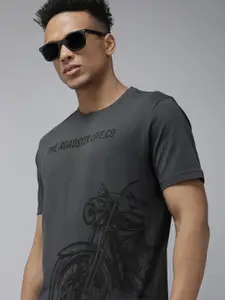 Roadster Men Charcoal Grey Biker Printed Pure Cotton T-shirt