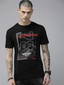 Roadster Men Black Printed Pure Cotton T-shirt