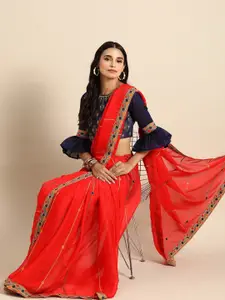 Sangria Red & Blue Striped Embroidered Silk Blend Saree
