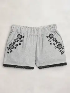 Cherry Crumble Girls Grey Cotton Floral Embroidered Shorts