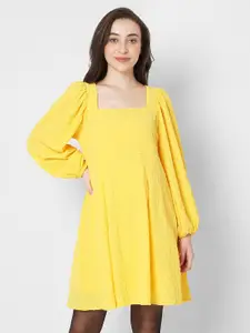 Vero Moda Yellow Self Design Fit & Flare Dress
