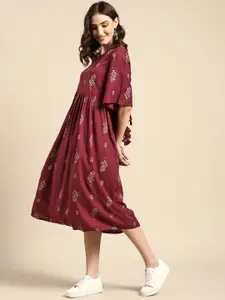 Sangria Maroon & Grey Floral Ethnic A-Line Midi Dress