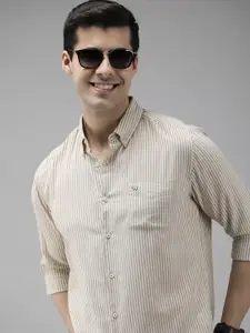 THE BEAR HOUSE Men Beige Slim Fit Pinstripes Striped Pure Cotton Casual Shirt
