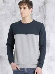Roadster Men Grey Melange & Navy Colourblocked Sweatshirt