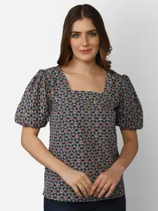 Fbella  Blue Floral Print Square Neck with Puff Sleeves Crepe Top
