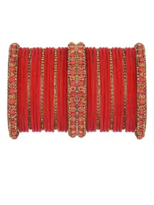 Efulgenz Set Of 34 Gold-Toned & Red Crystals-Studded Bangles