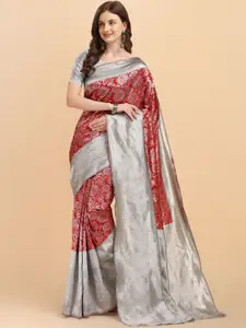 Fashion Booms Silver-Toned & Red Floral Pure Silk Kanjeevaram Saree