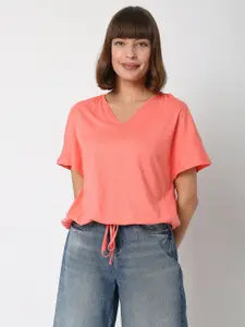 Vero Moda Women Orange V-Neck Drop-Shoulder Sleeves T-shirt