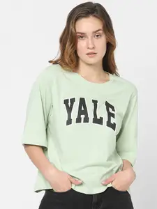 Vero Moda Women Green & ice Typography Drop-Shoulder Sleeves T-shirt