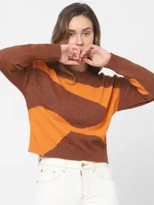 Vero Moda Women Brown & Orange Colourblocked Crop Pullover