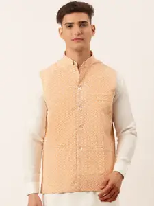 Jompers Men Orange Woven Design Cotton Nehru Jacket