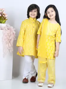 BownBee Boys Yellow Embroidered Pure Cotton Kurti with Salwar