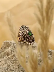 SOHI SOHI Women Gold-Plated White & Green Stone Studded Finger Ring